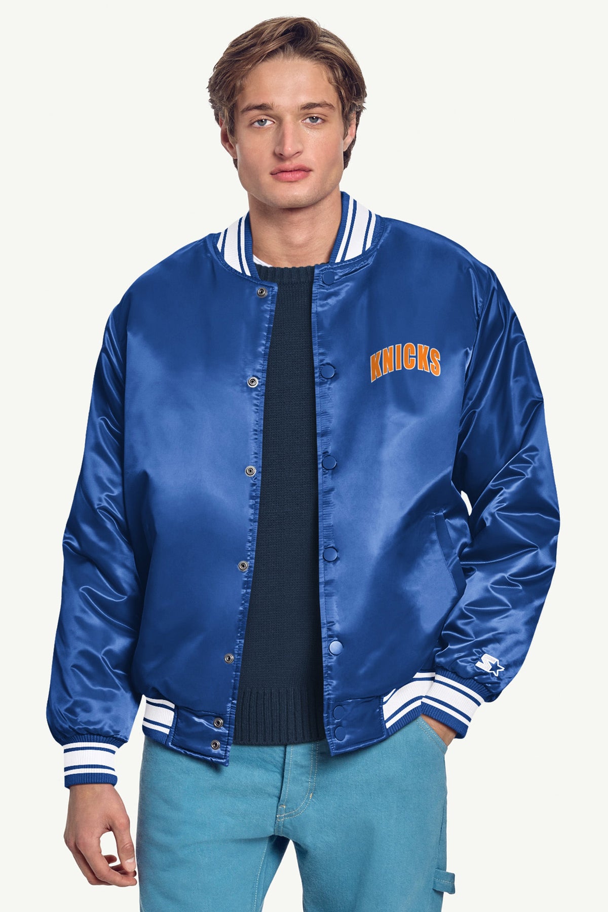 MENS NEW YORK KNICKS PRINTED GRAPHIC LOGO SATIN VARSITY JACKET - Royal