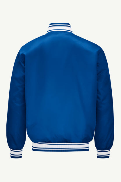 MENS NEW YORK KNICKS PRINTED GRAPHIC SATIN VARSITY JACKET - Royal