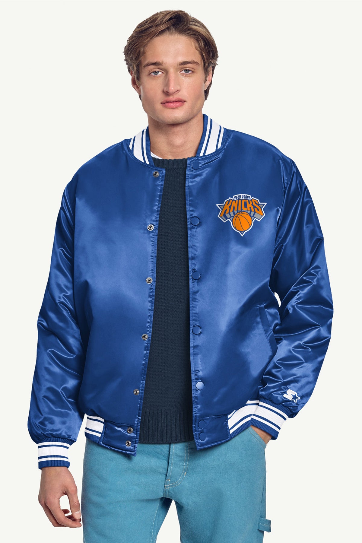 MENS NEW YORK KNICKS PRINTED GRAPHIC SATIN VARSITY JACKET - Royal