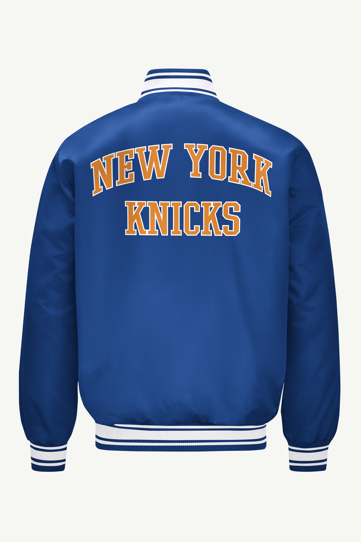 MENS NEW YORK KNICKS PRINTED GRAPHIC BASKETBALL SATIN VARSITY JACKET - Royal