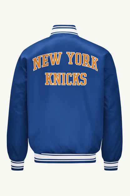 MENS NEW YORK KNICKS PRINTED GRAPHIC BASKETBALL SATIN VARSITY JACKET - Royal