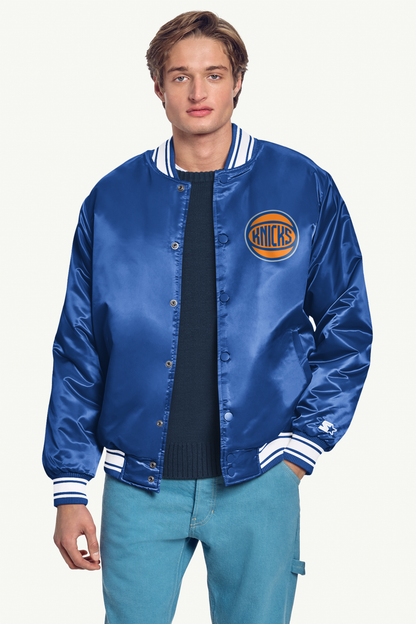 MENS NEW YORK KNICKS PRINTED GRAPHIC BASKETBALL SATIN VARSITY JACKET - Royal