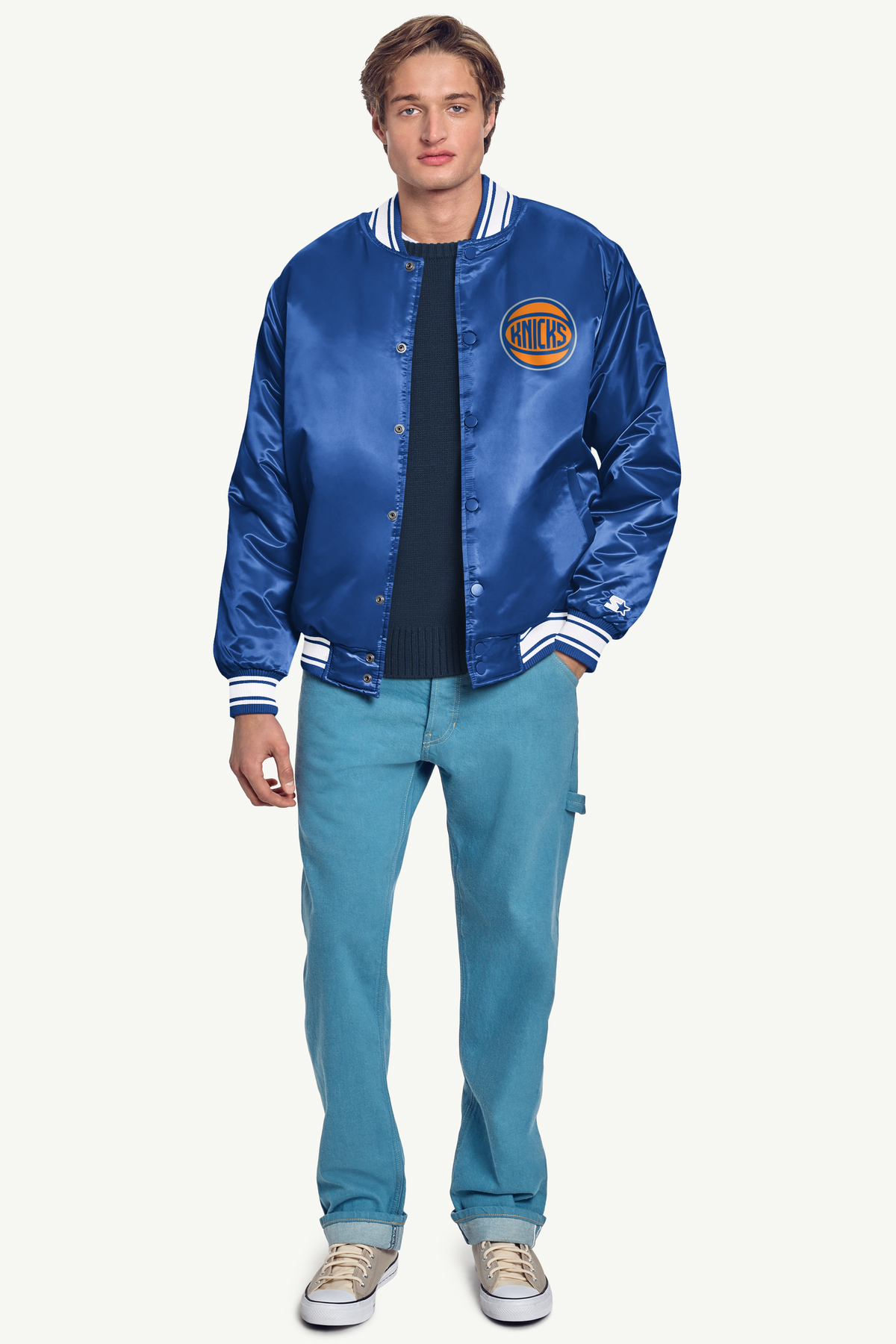 MENS NEW YORK KNICKS PRINTED GRAPHIC BASKETBALL SATIN VARSITY JACKET - Royal