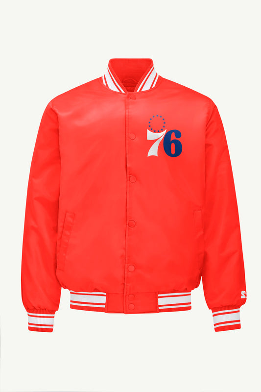 MENS PHILADELPHIA 76ERS PRINTED GRAPHIC SATIN VARSITY JACKET - Red