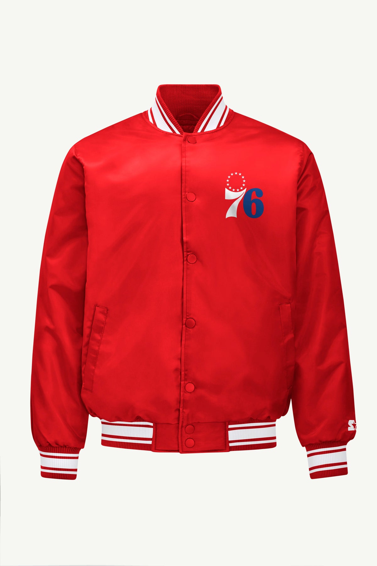 MENS PHILADEPHIA 76ERS MESH LOOK SATIN VARSITY JACKET - Red