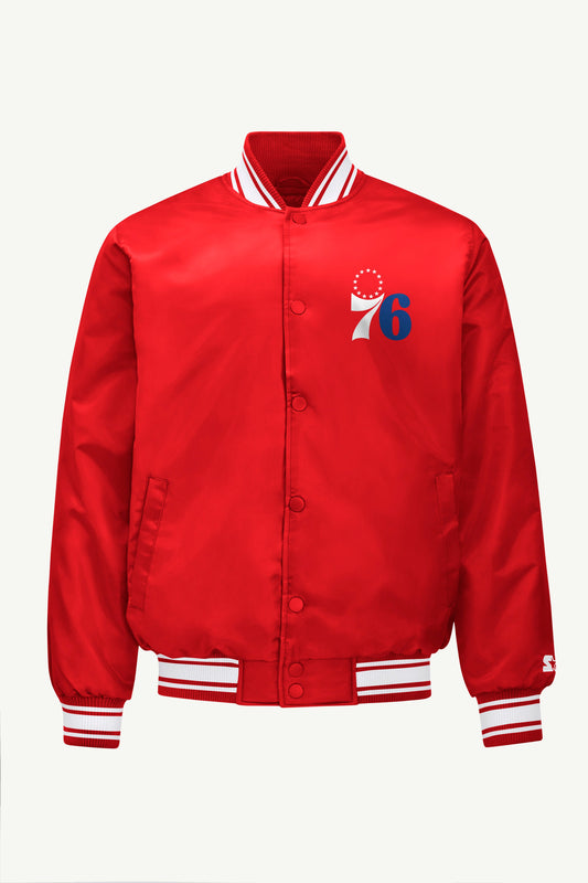 MENS PHILADEPHIA 76ERS MESH LOOK SATIN VARSITY JACKET - Red