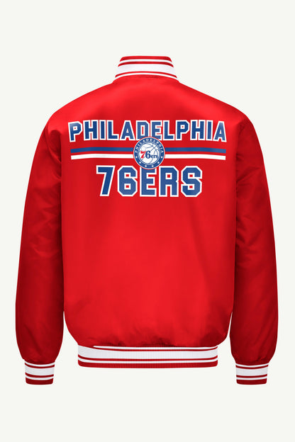 MENS PHILADEPHIA 76ERS MESH LOOK SATIN VARSITY JACKET - Red