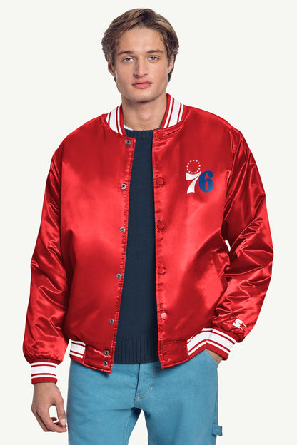 MENS PHILADEPHIA 76ERS MESH LOOK SATIN VARSITY JACKET - Red