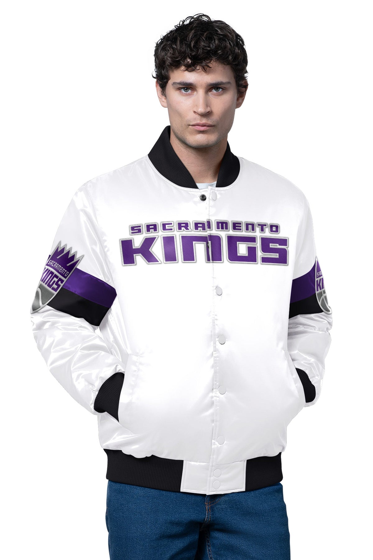 MENS SACRAMENTO KINGS TRIPLE OPTION SATIN VARSITY JACKET - Starter