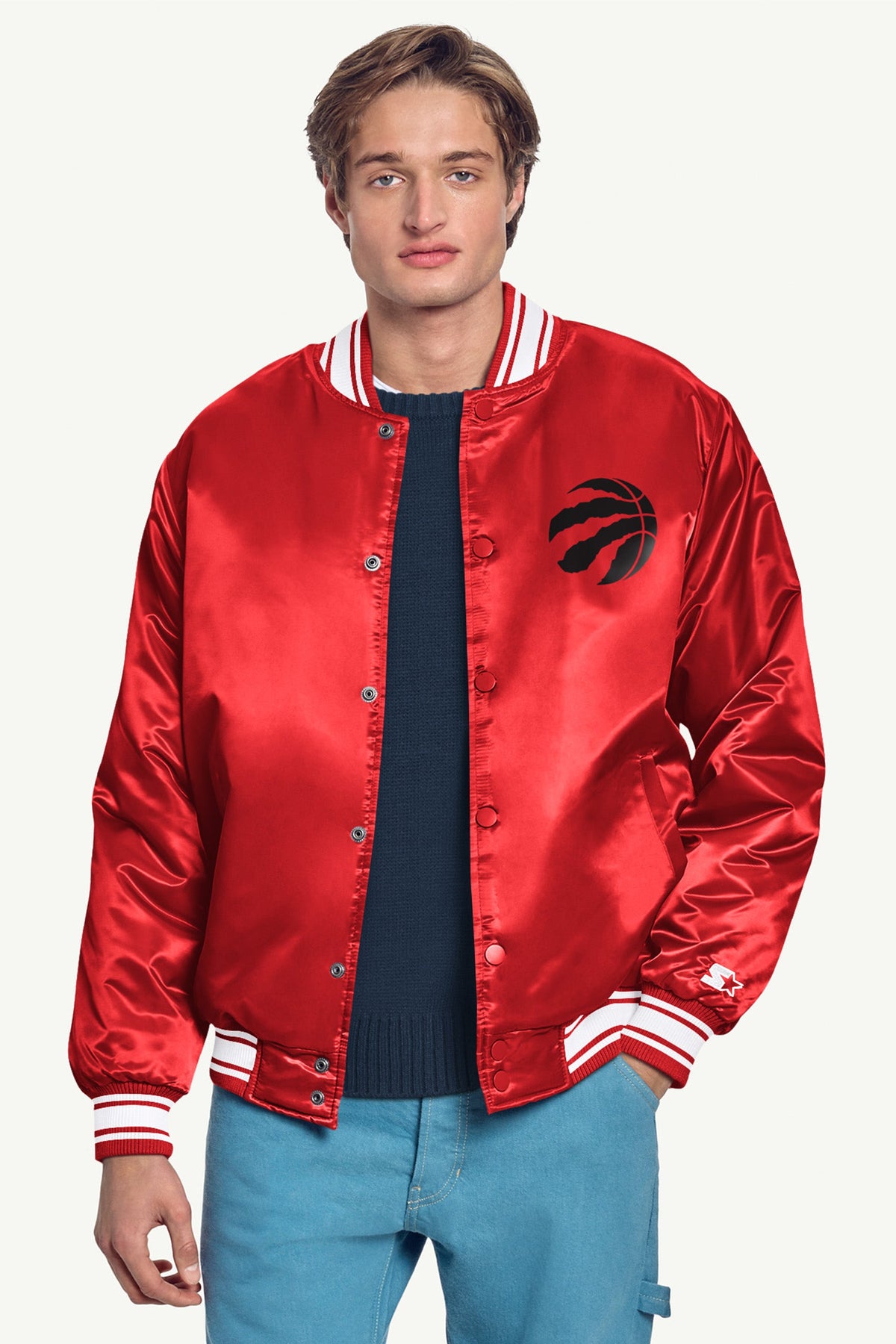 MENS TORONTO RAPTORS MESH LOOK SATIN VARSITY JACKET - Red