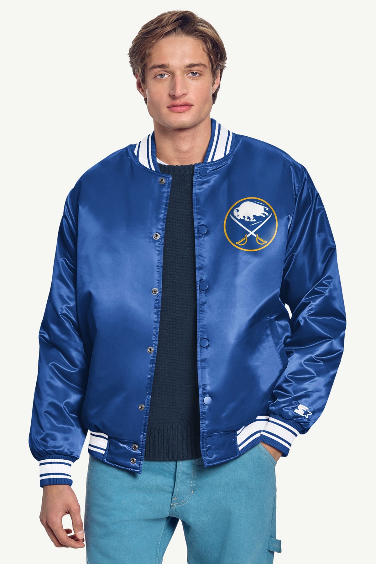 MENS BUFFALO SABRES PRINTED GRAPHIC TRIANGLE SATIN VARSITY JACKET - Royal