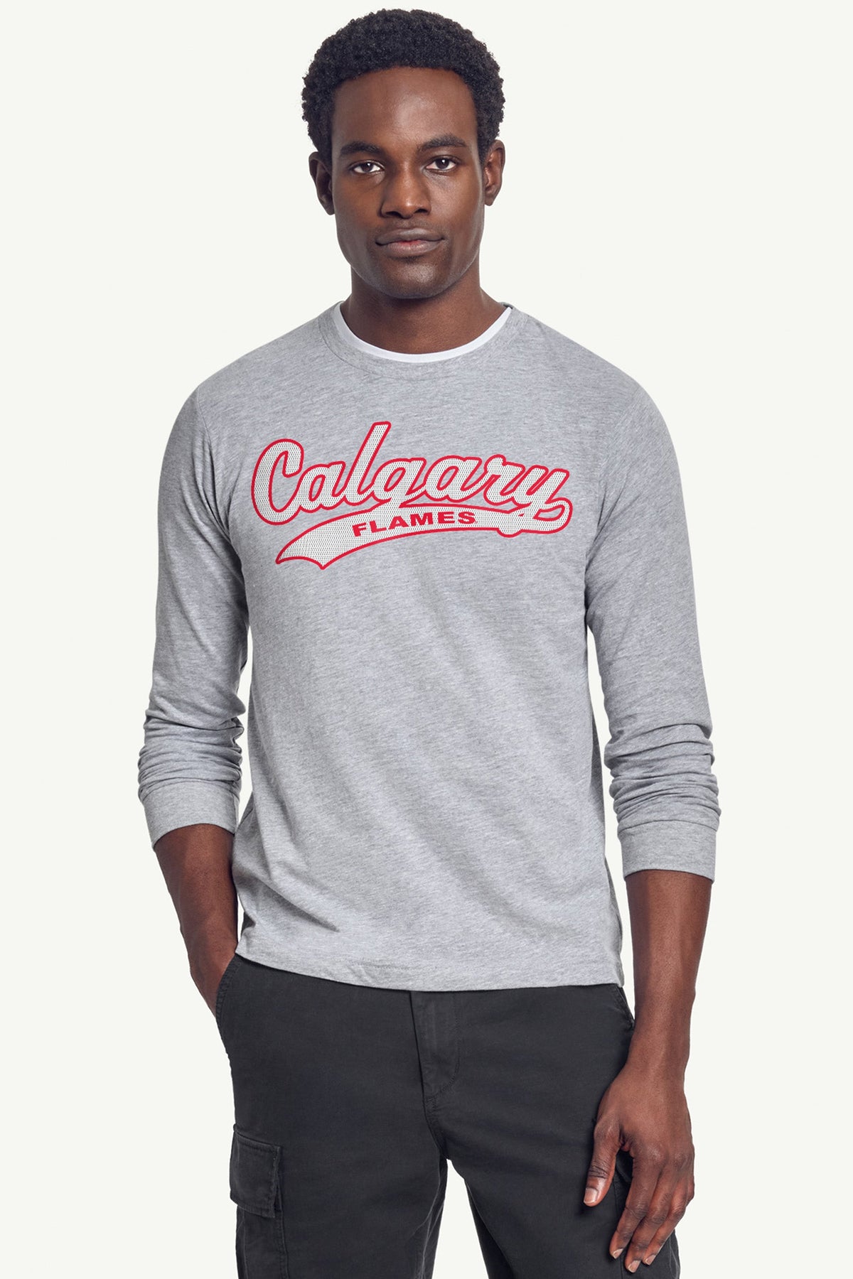 MENS CALGARY FLAMES TAILSWEEP LONG SLEEVE T SHIRT - Heather Grey