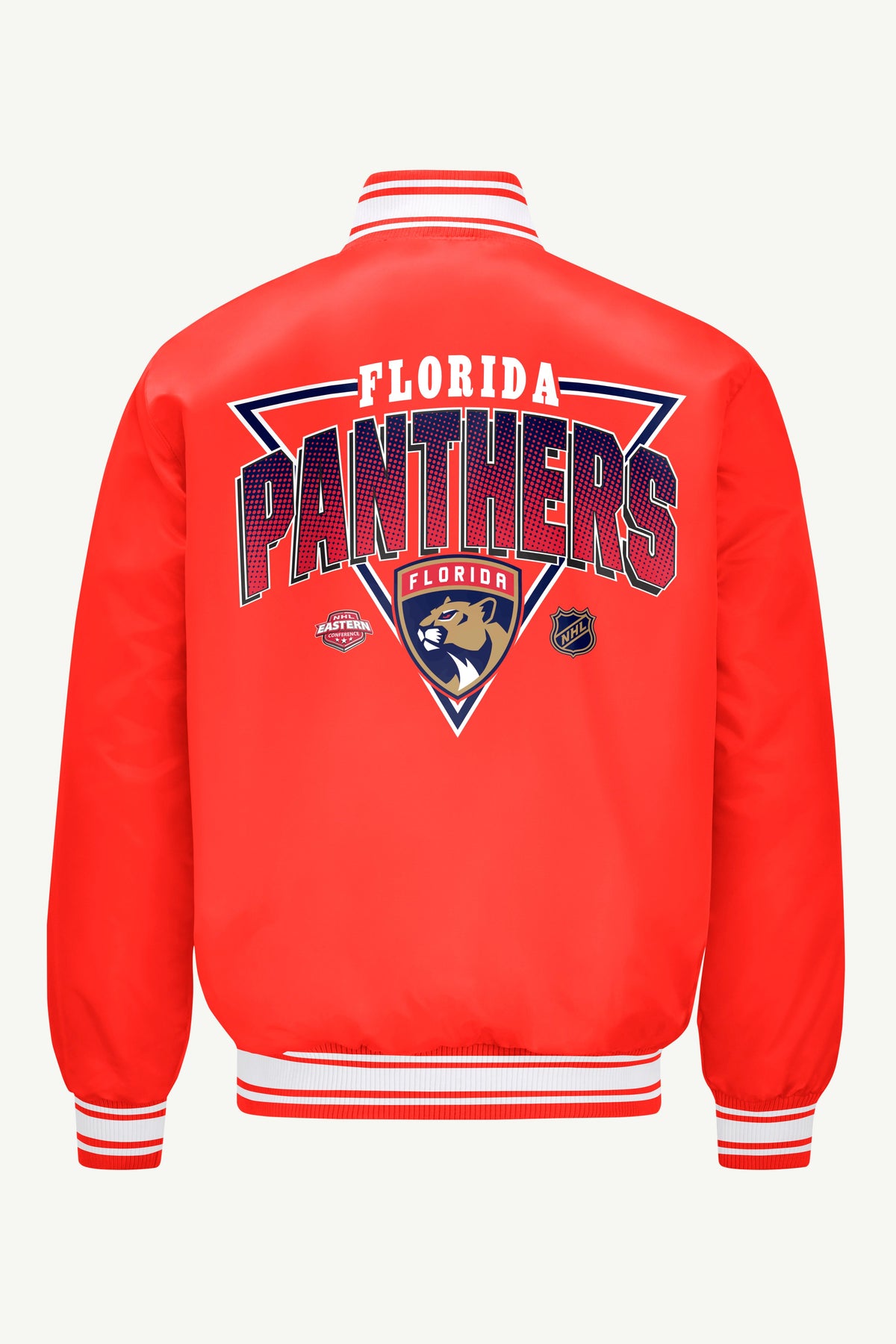 MENS FLORIDA PANTHERS PRINTED GRAPHIC TRIANGLE SATIN VARSITY JACKET - Red