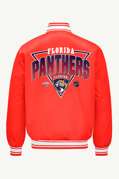 MENS FLORIDA PANTHERS PRINTED GRAPHIC TRIANGLE SATIN VARSITY JACKET - Red