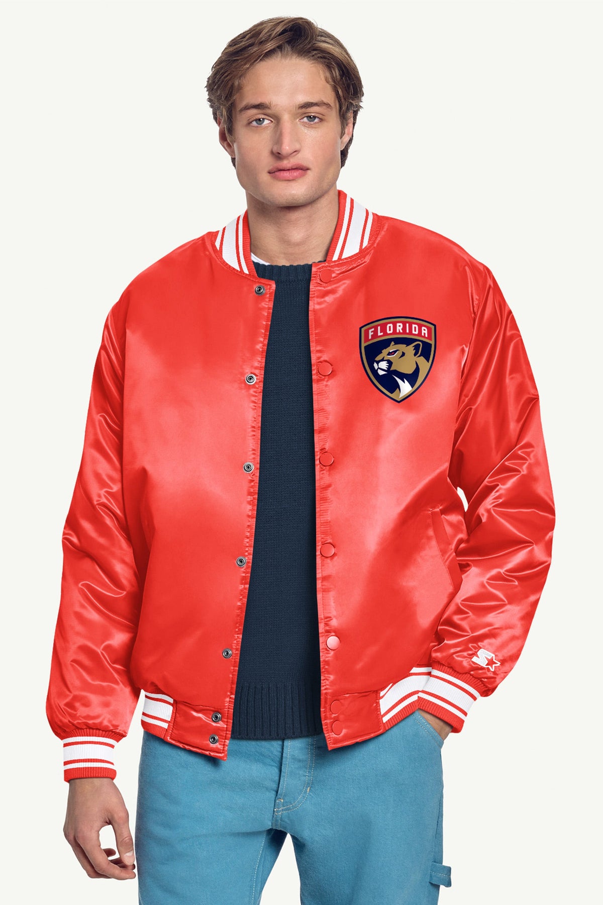 MENS FLORIDA PANTHERS PRINTED GRAPHIC TRIANGLE SATIN VARSITY JACKET - Red