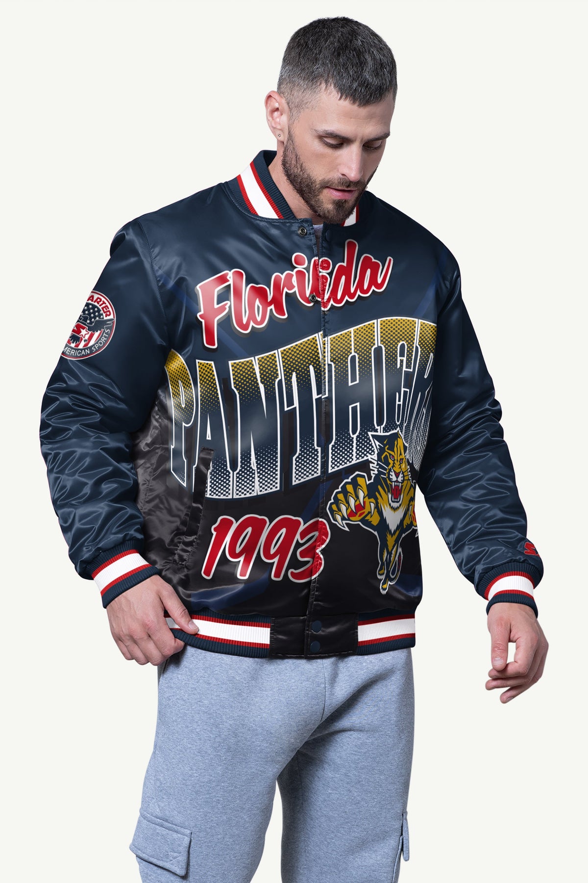 MENS FLORIDA PANTHERS PASS RUSH SATIN VARSITY JACKET - Starter