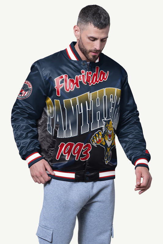 MENS FLORIDA PANTHERS PASS RUSH SATIN VARSITY JACKET - Starter