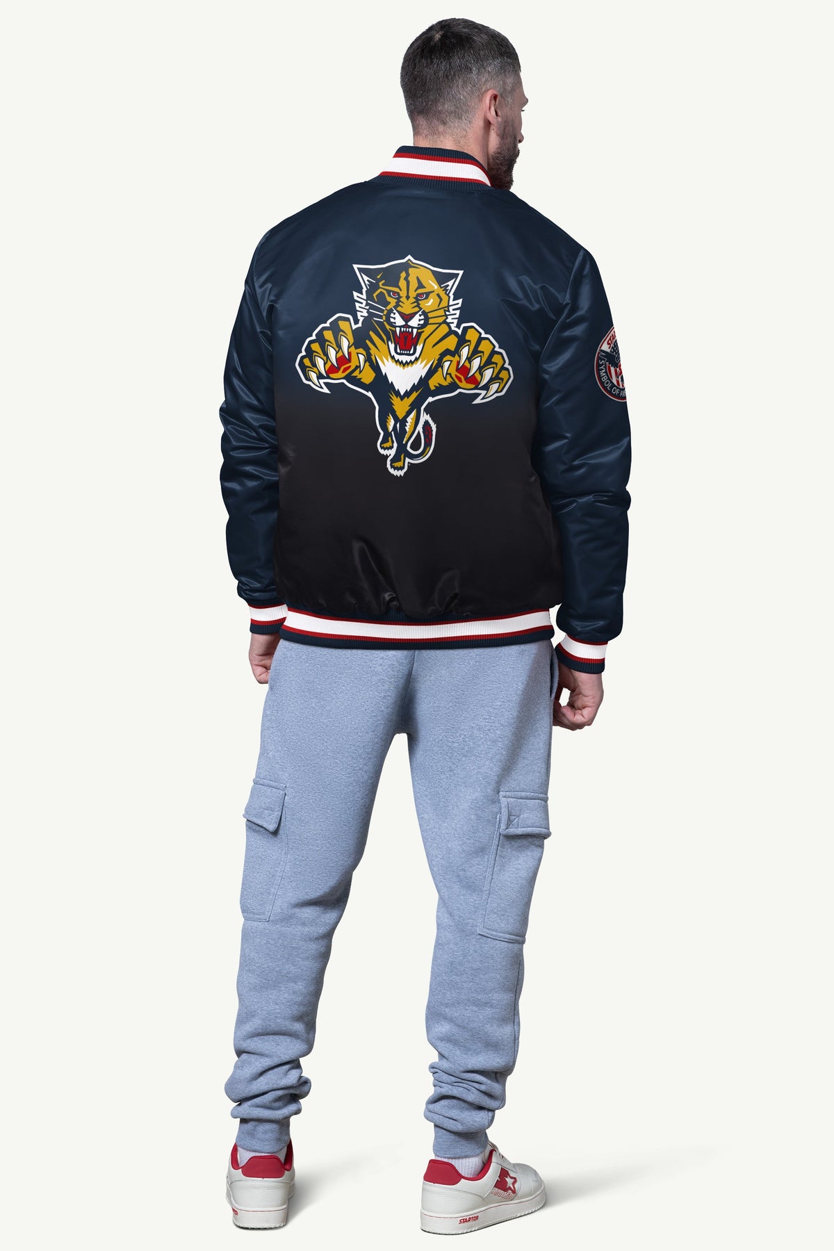 MENS FLORIDA PANTHERS PASS RUSH SATIN VARSITY JACKET - Starter