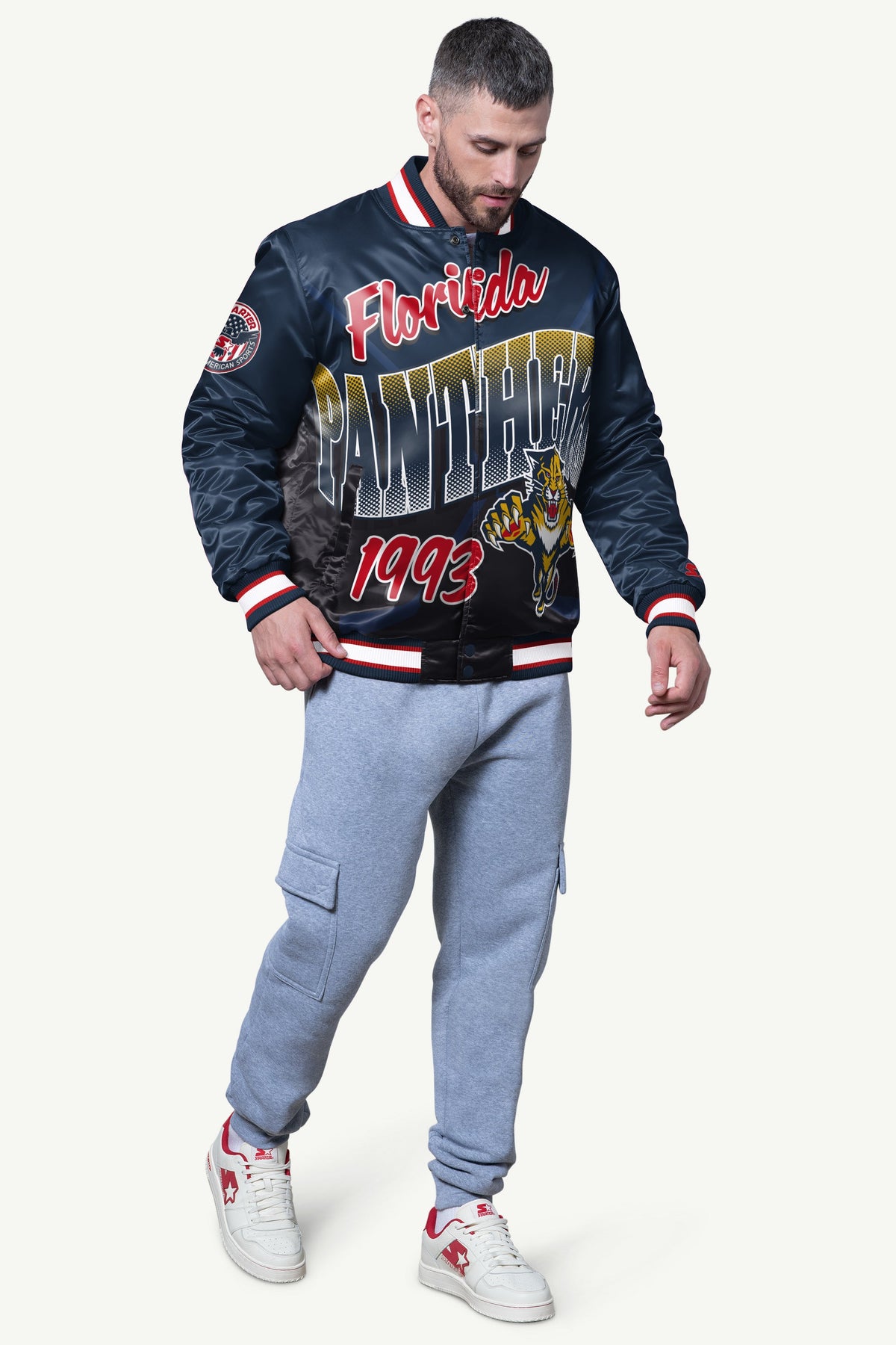 MENS FLORIDA PANTHERS PASS RUSH SATIN VARSITY JACKET - Starter