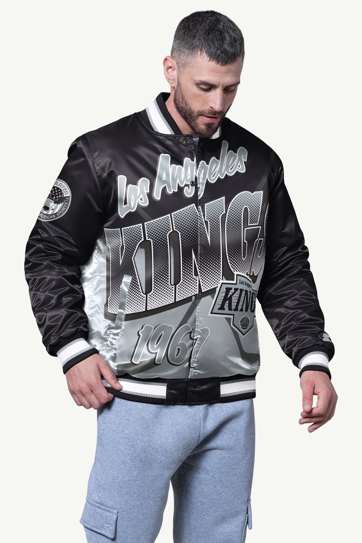 MENS LOS ANGELES KINGS PASS RUSH SATIN VARSITY JACKET - Starter