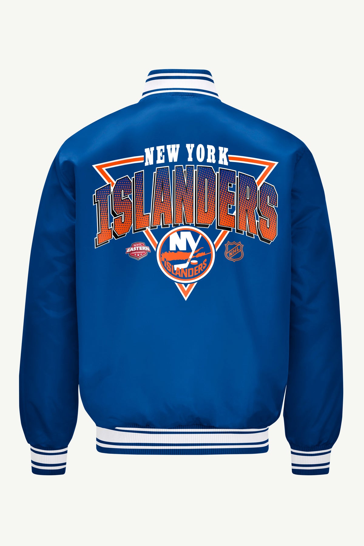 MENS NEW YORK ISLANDERS PRINTED GRAPHIC TRIANGLE SATIN VARSITY JACKET - Royal