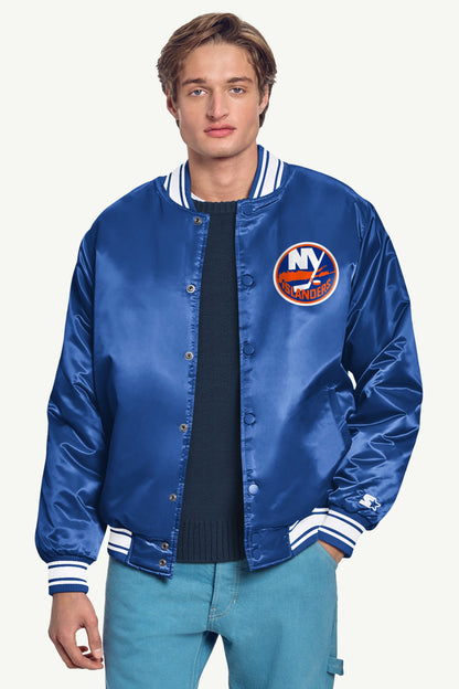 MENS NEW YORK ISLANDERS PRINTED GRAPHIC TRIANGLE SATIN VARSITY JACKET - Royal