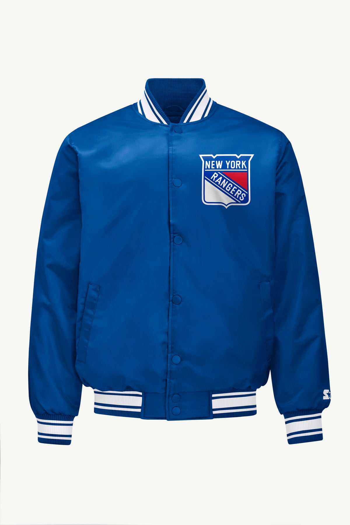 MENS NEW YORK RANGERS PRINTED GRAPHIC TRIANGLE SATIN VARSITY JACKET - Royal
