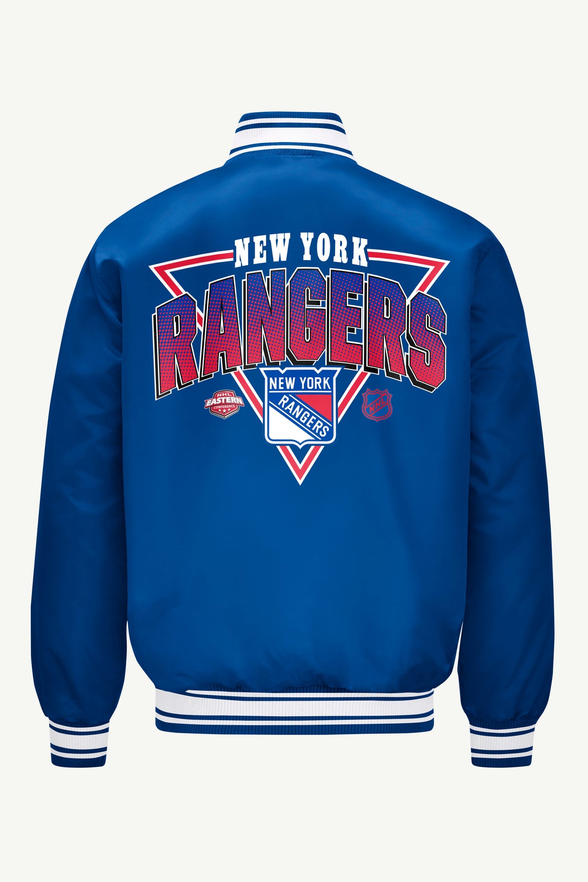 MENS NEW YORK RANGERS PRINTED GRAPHIC TRIANGLE SATIN VARSITY JACKET - Royal