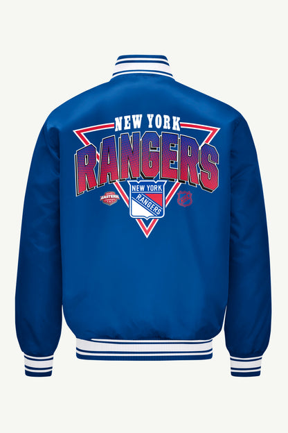 MENS NEW YORK RANGERS PRINTED GRAPHIC TRIANGLE SATIN VARSITY JACKET - Royal