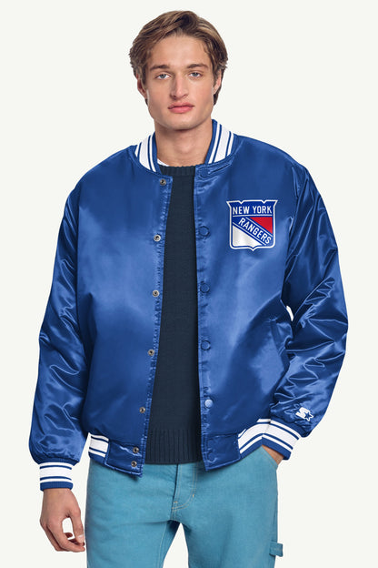 MENS NEW YORK RANGERS PRINTED GRAPHIC TRIANGLE SATIN VARSITY JACKET - Royal
