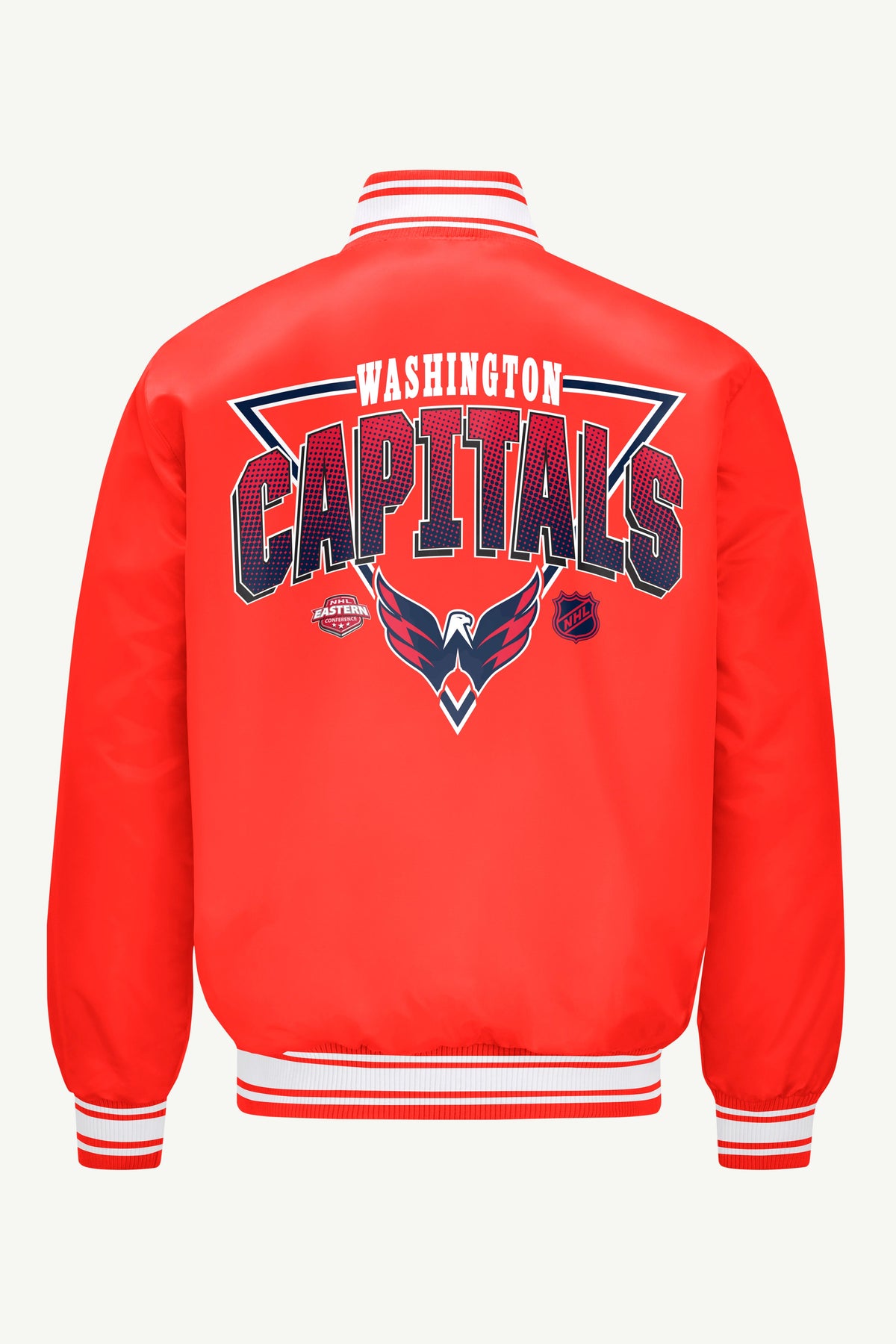 MENS WASHINGTON CAPITALS PRINTED GRAPHIC TRIANGLE SATIN VARSITY JACKET - Red
