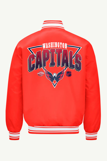 MENS WASHINGTON CAPITALS PRINTED GRAPHIC TRIANGLE SATIN VARSITY JACKET - Red
