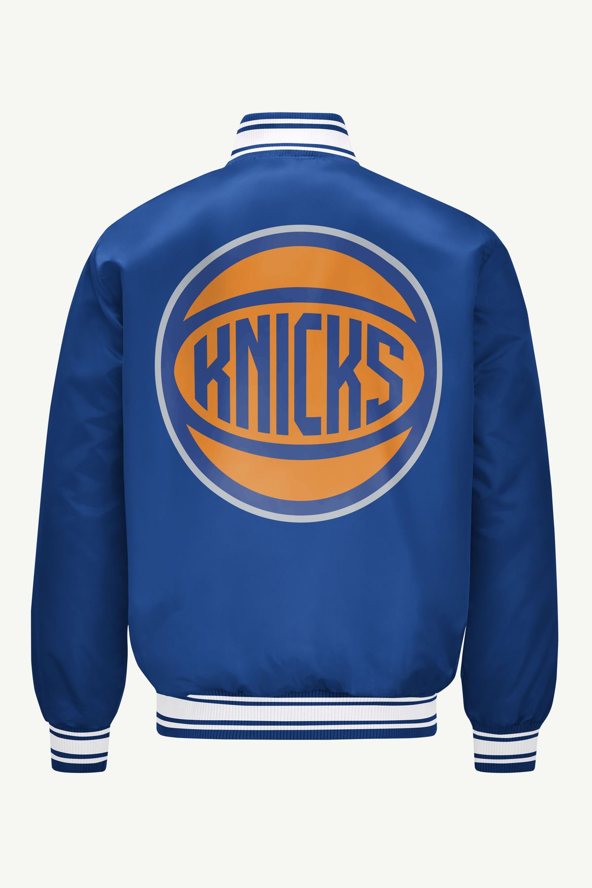 MENS NEW YORK KNICKS PRINTED GRAPHIC SATIN VARSITY JACKET - Royal