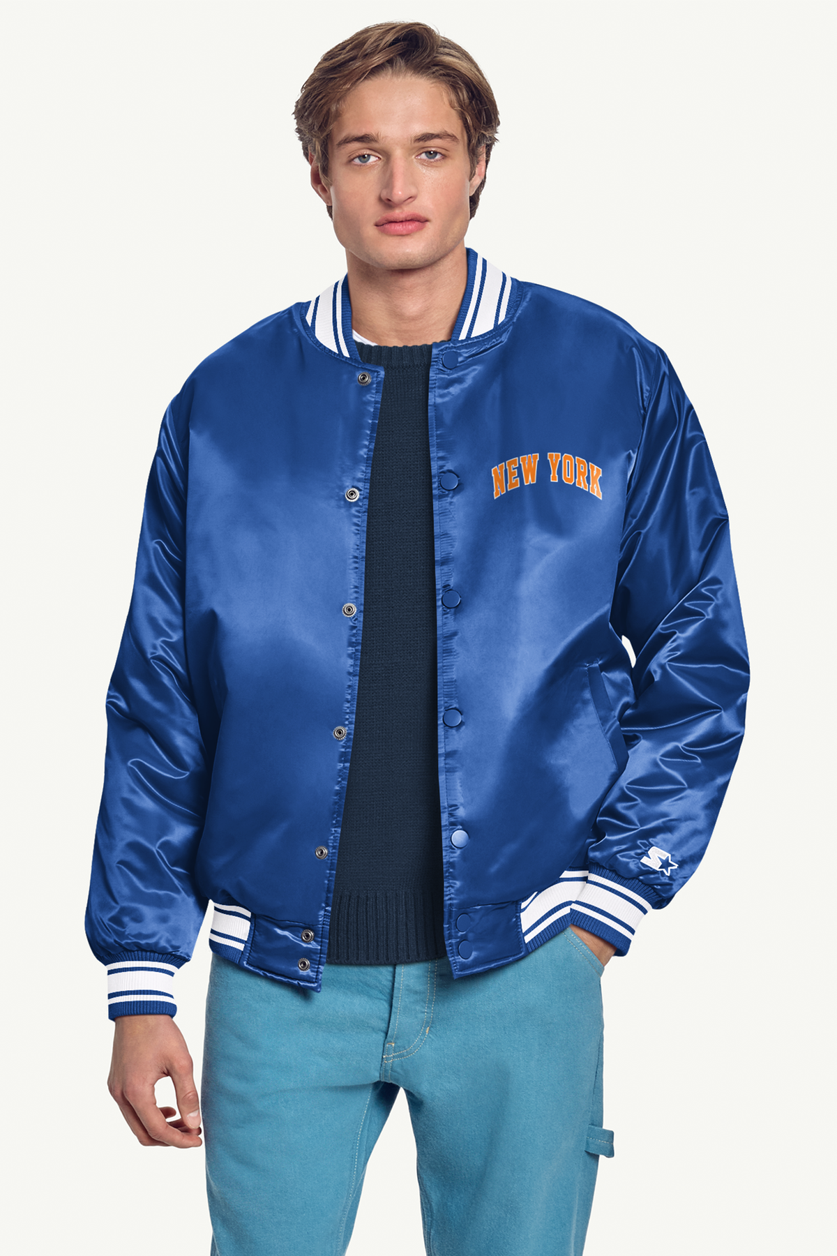MENS NEW YORK KNICKS PRINTED GRAPHIC SATIN VARSITY JACKET - Royal