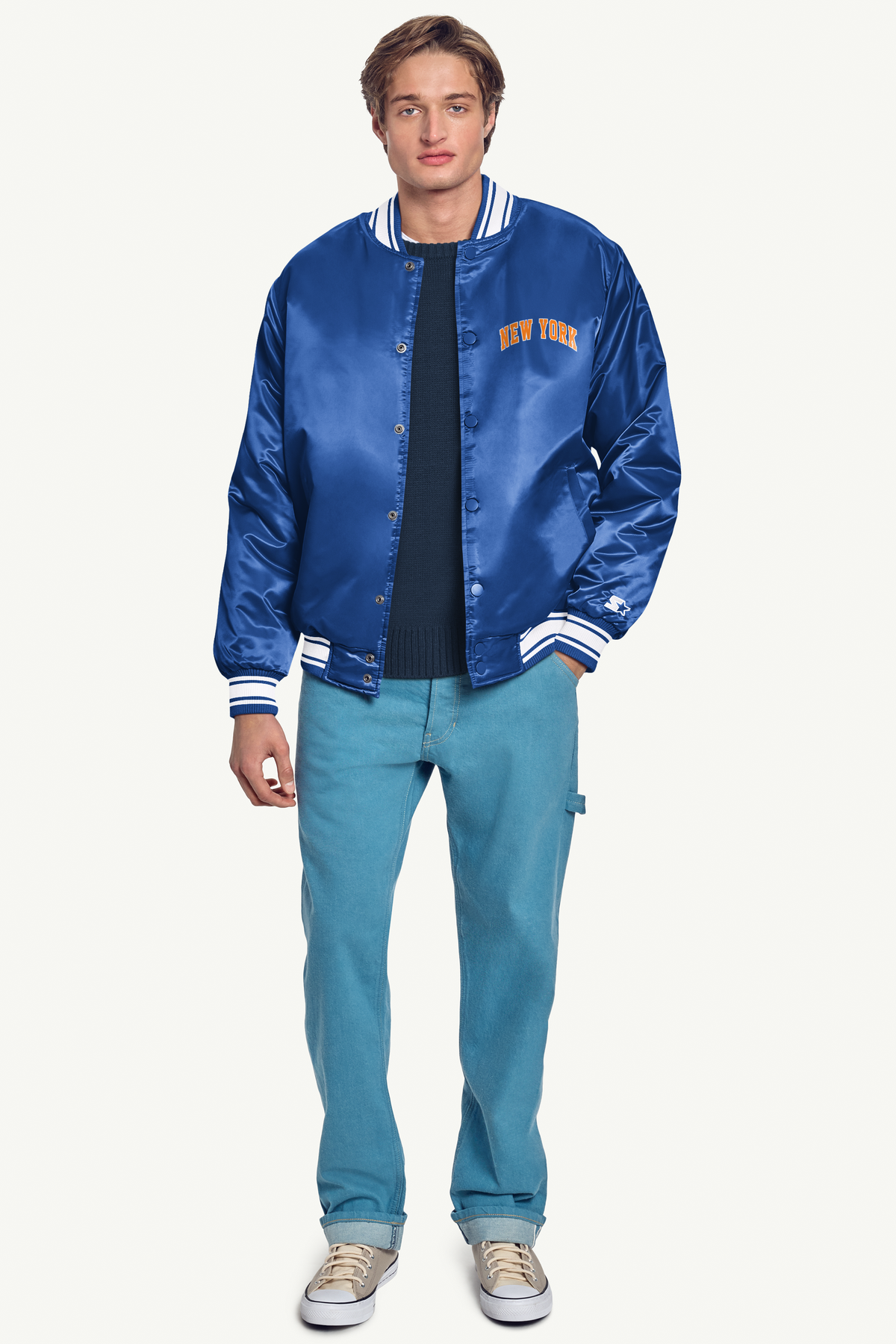 MENS NEW YORK KNICKS PRINTED GRAPHIC SATIN VARSITY JACKET - Royal