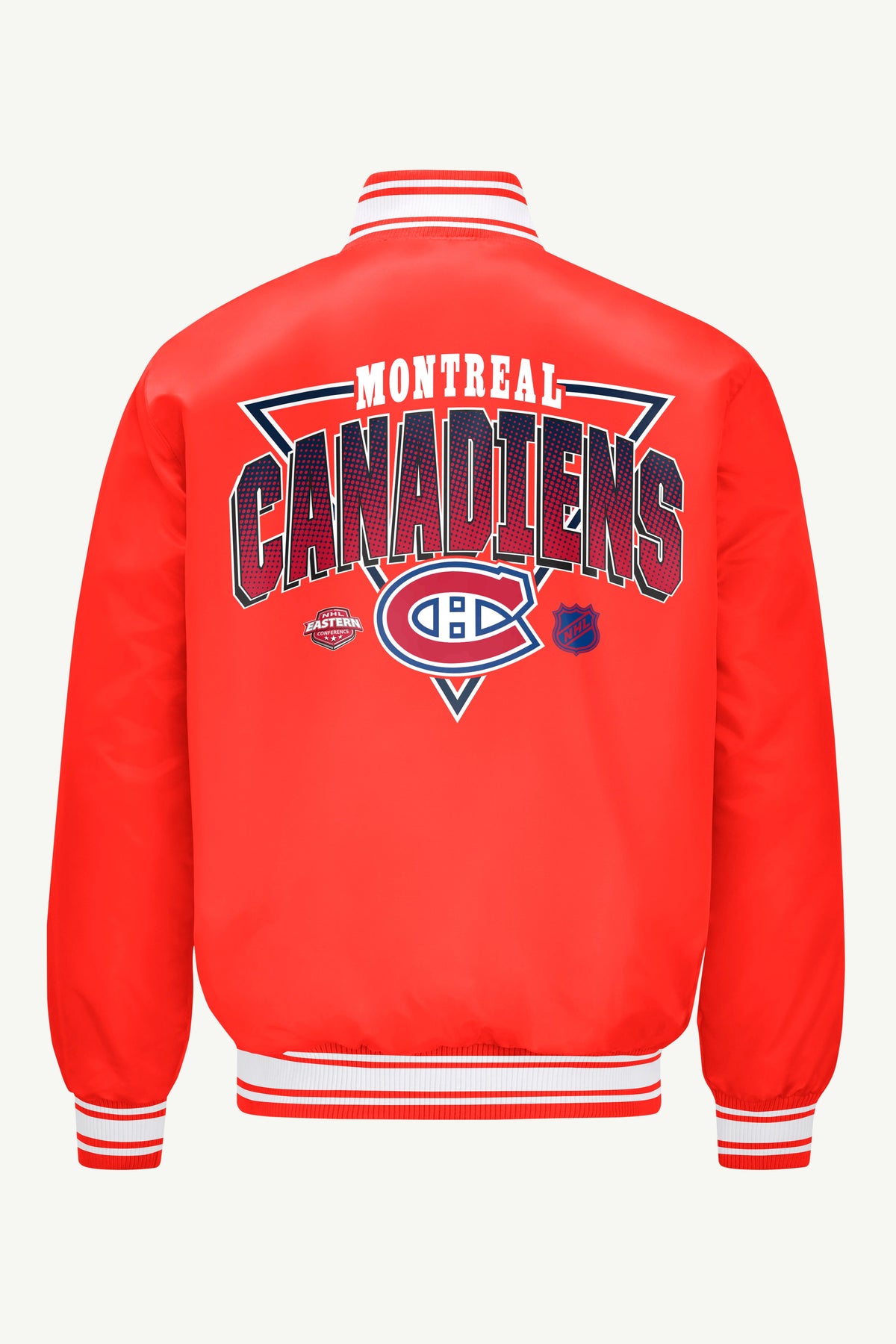 MENS MONTREAL CANADIENS PRINTED GRAPHIC TRIANGLE SATIN VARSITY JACKET - Red