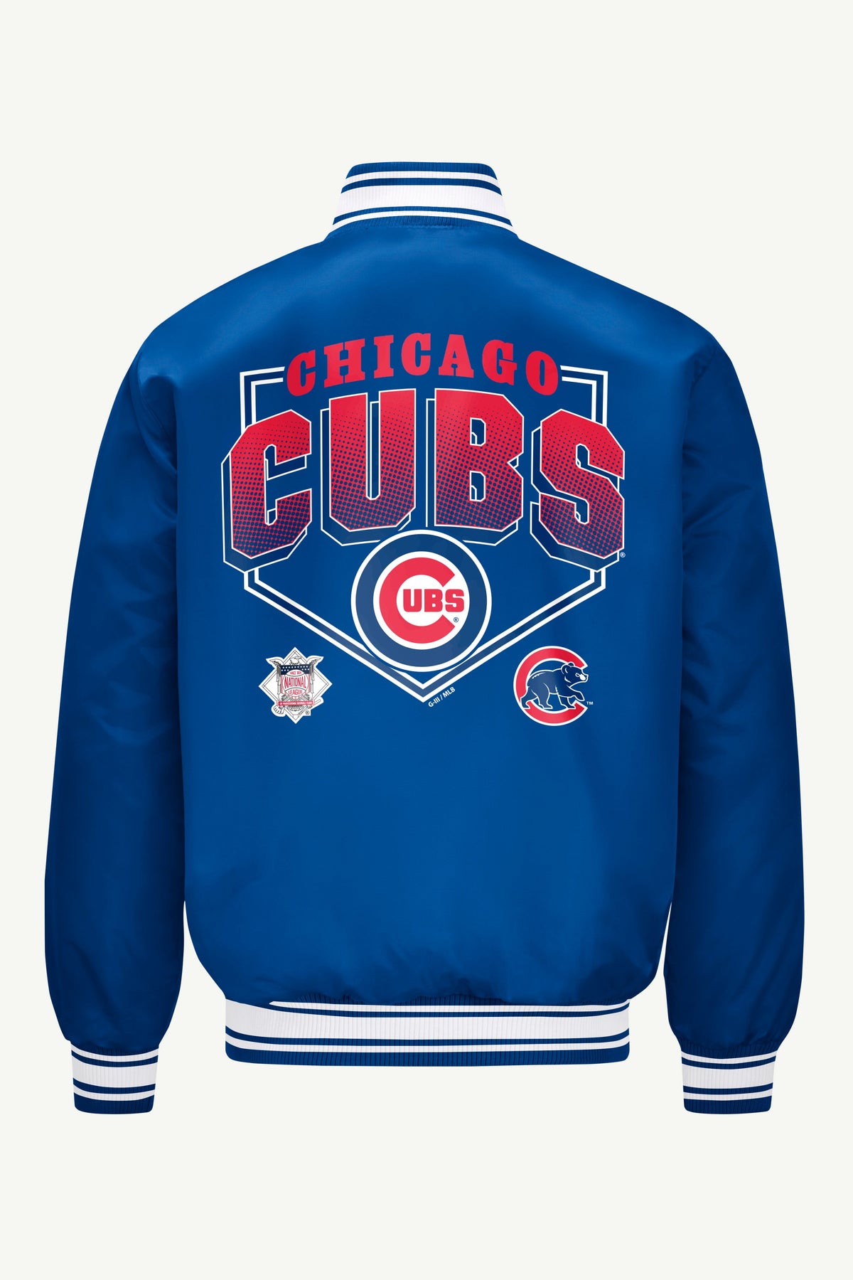 MENS CHICAGO CUBS HOMEPLATE PRINTED GRAPHIC SATIN VARSITY JACKET - Royal