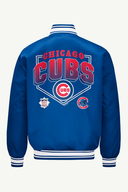 MENS CHICAGO CUBS HOMEPLATE PRINTED GRAPHIC SATIN VARSITY JACKET - Royal