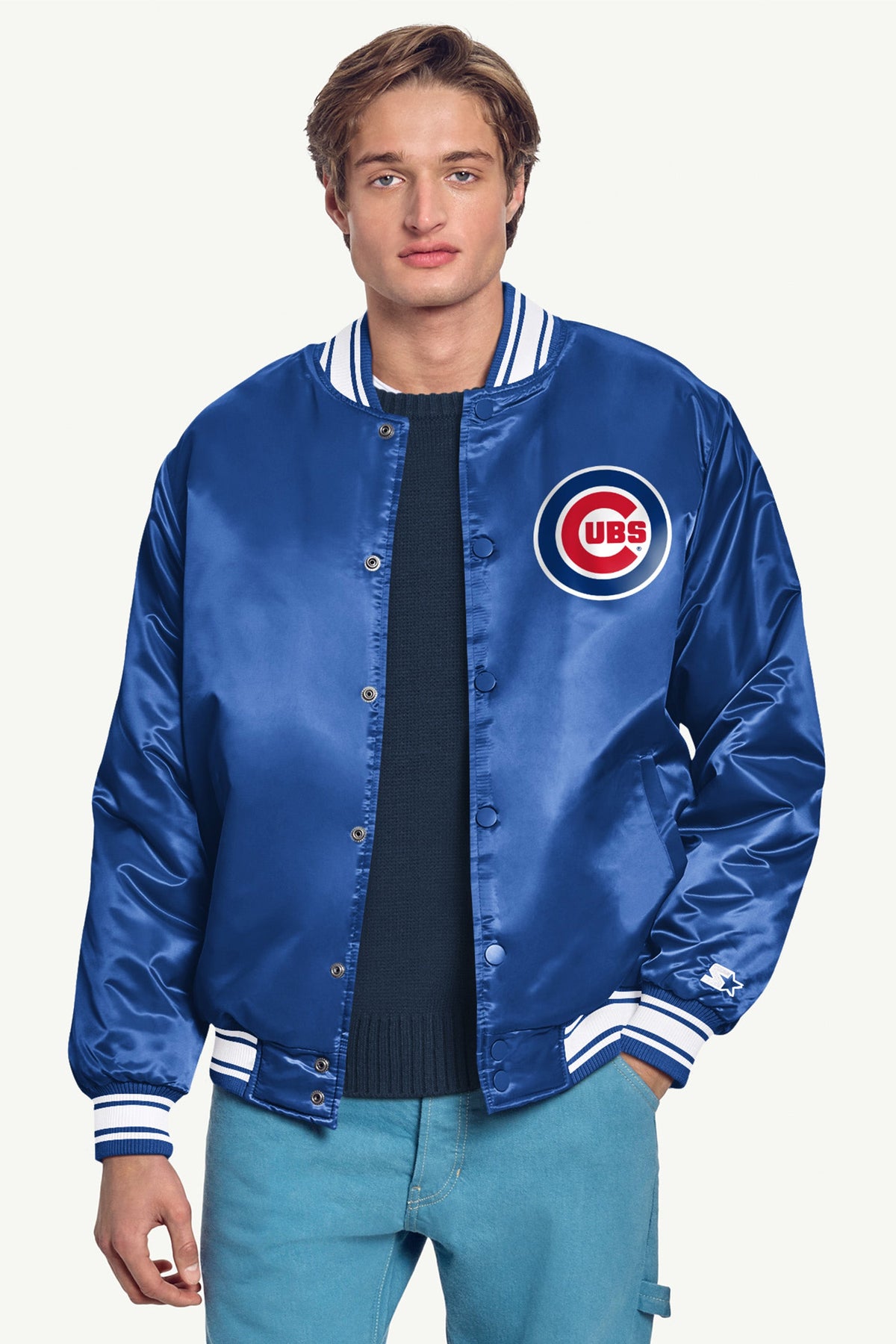 MENS CHICAGO CUBS HOMEPLATE PRINTED GRAPHIC SATIN VARSITY JACKET - Royal