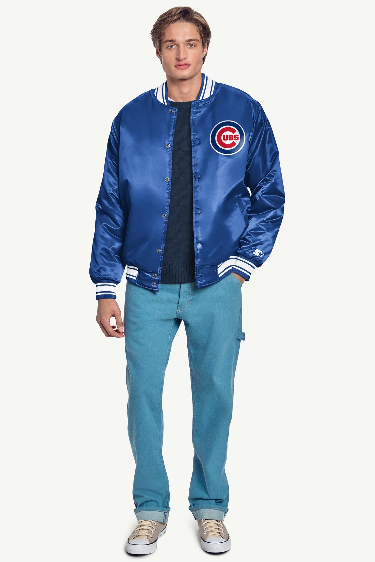 MENS CHICAGO CUBS HOMEPLATE PRINTED GRAPHIC SATIN VARSITY JACKET - Royal