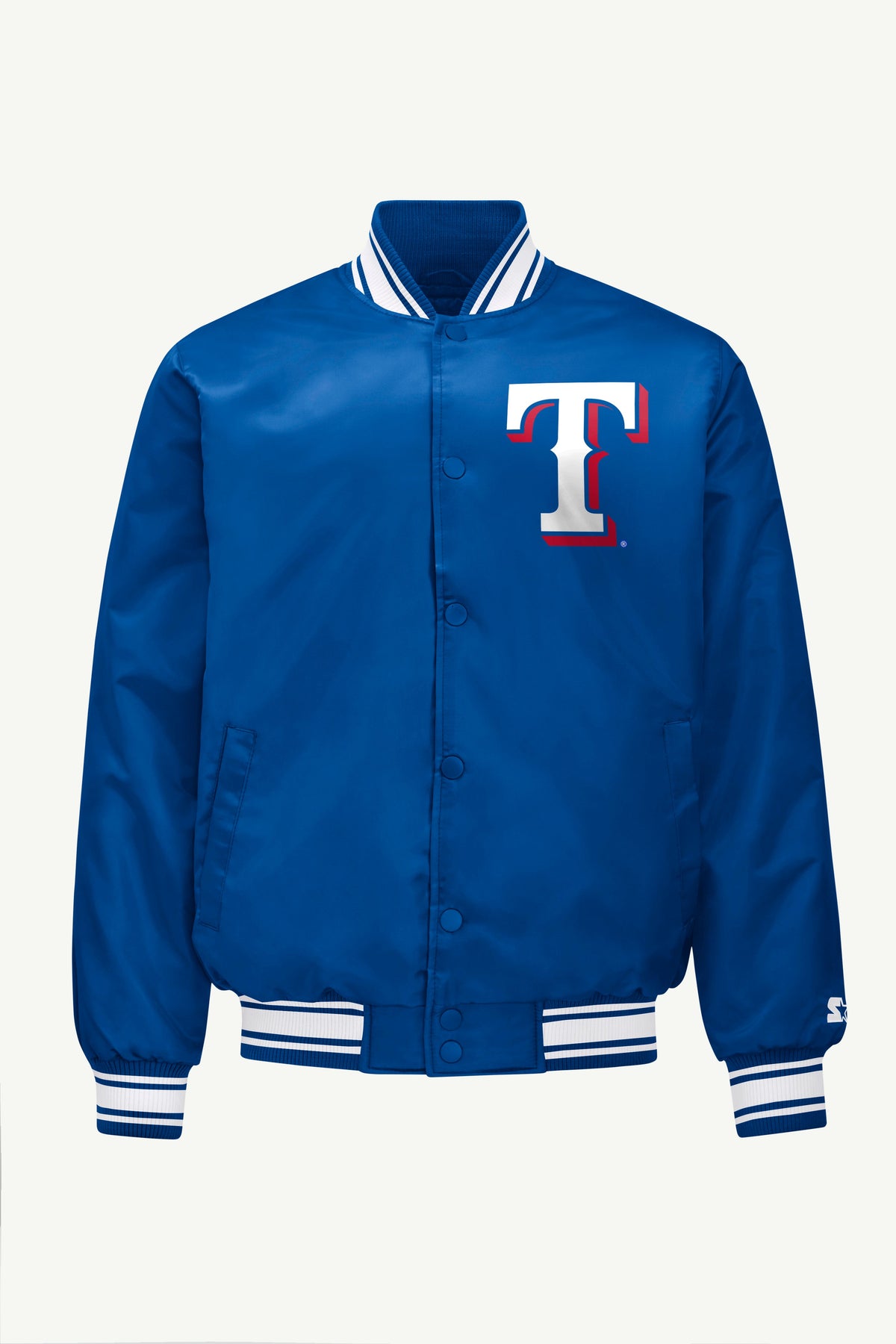 MENS TEXAS RANGERS HOMEPLATE SATIN VARSITY JACKET - Royal