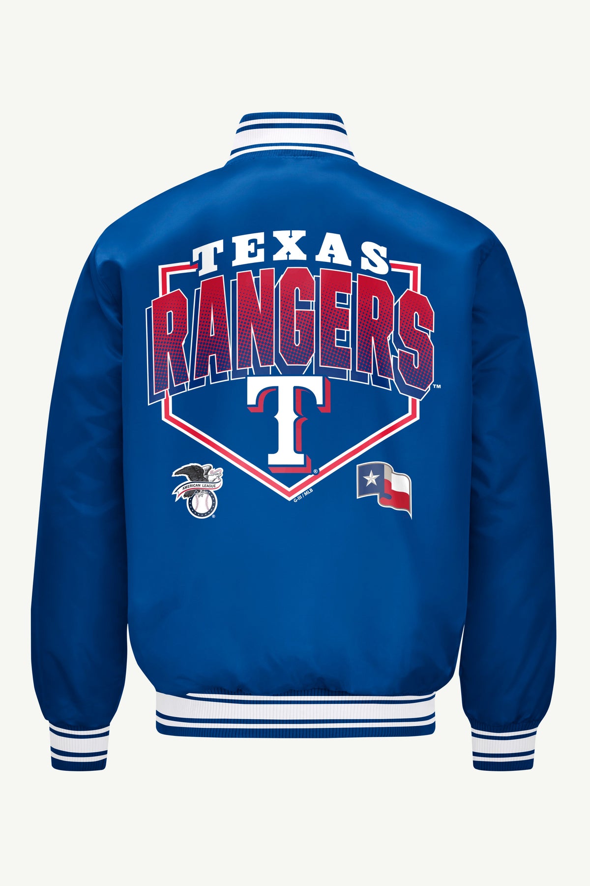 MENS TEXAS RANGERS HOMEPLATE SATIN VARSITY JACKET - Royal
