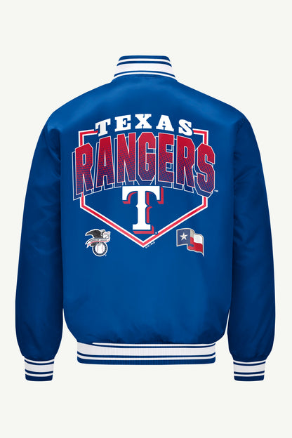 MENS TEXAS RANGERS HOMEPLATE SATIN VARSITY JACKET - Royal