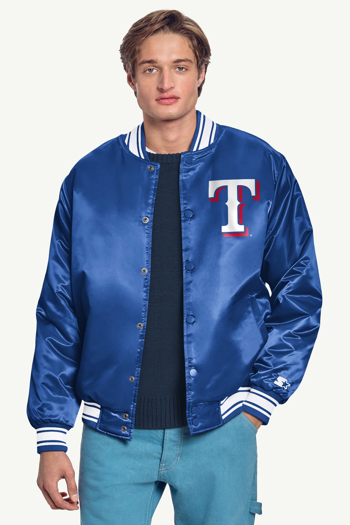 MENS TEXAS RANGERS HOMEPLATE SATIN VARSITY JACKET - Royal