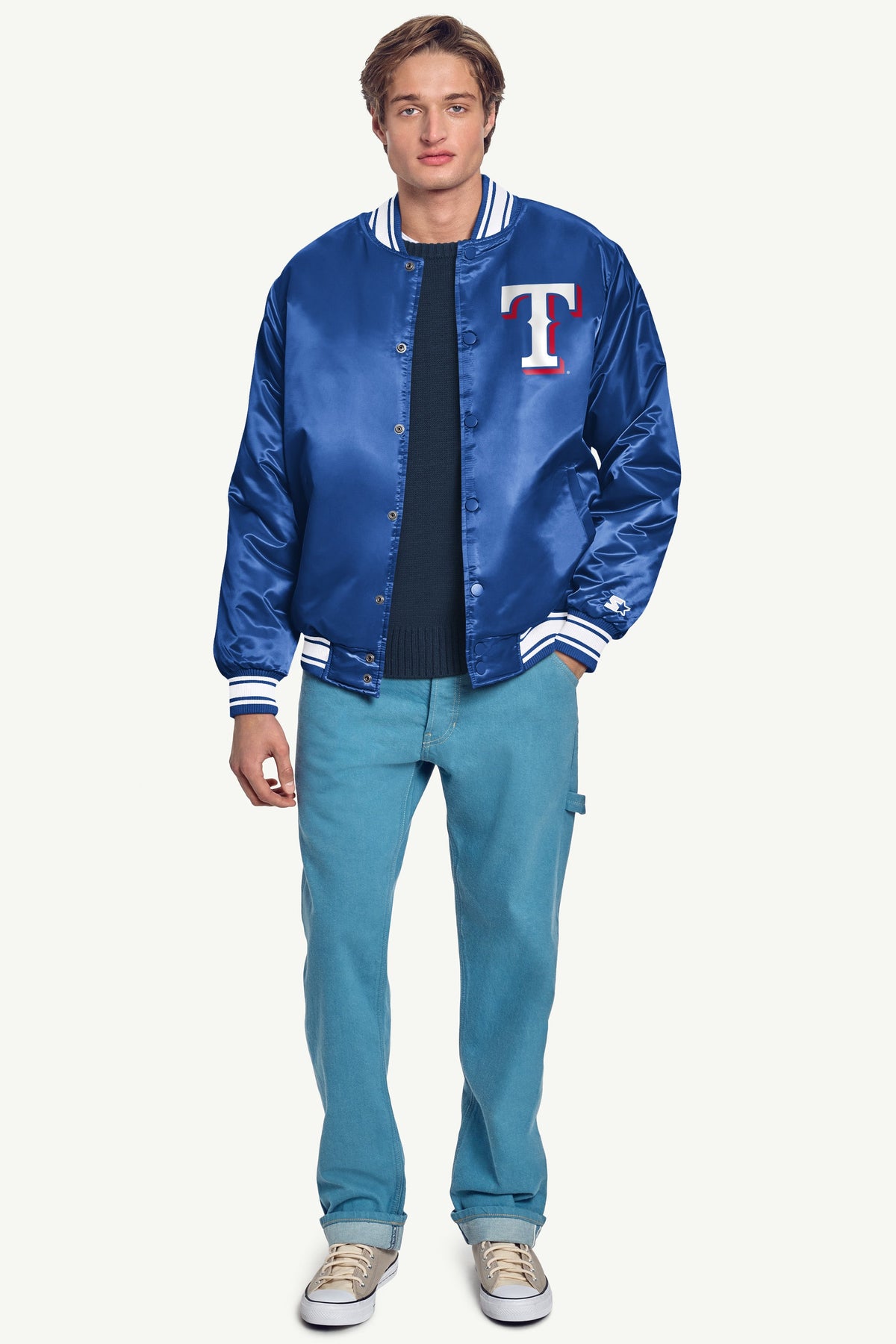 MENS TEXAS RANGERS HOMEPLATE SATIN VARSITY JACKET - Royal