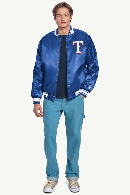 MENS TEXAS RANGERS HOMEPLATE SATIN VARSITY JACKET - Royal