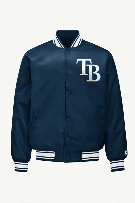 MENS TAMPA BAY RAYS PRINTED HOMEPLATE SATIN VARSITY JACKET - Navy