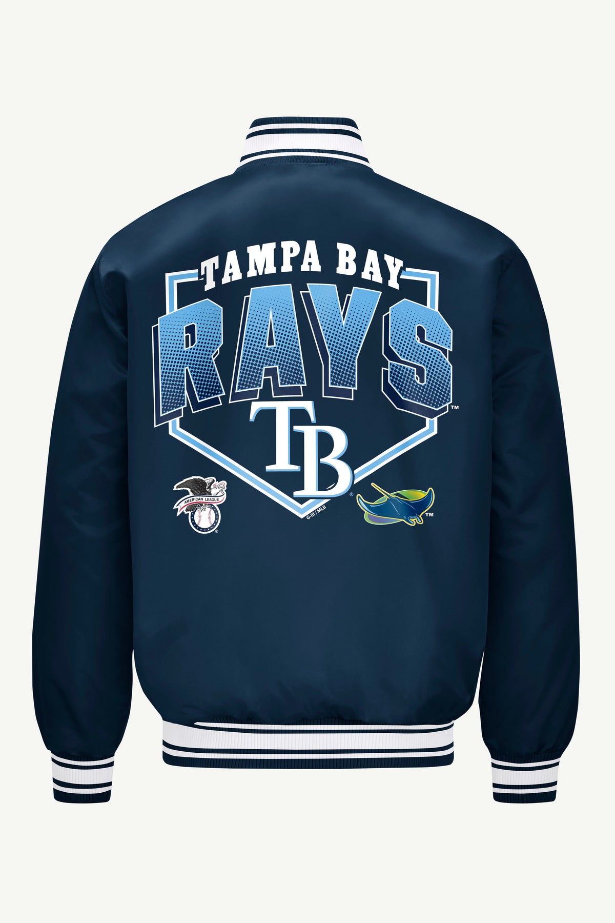 MENS TAMPA BAY RAYS PRINTED HOMEPLATE SATIN VARSITY JACKET - Navy