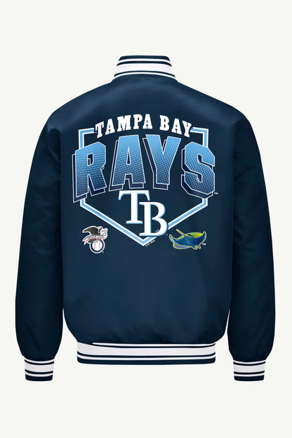 MENS TAMPA BAY RAYS PRINTED HOMEPLATE SATIN VARSITY JACKET - Navy