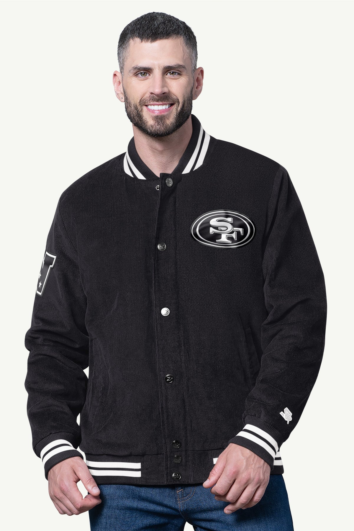 MENS SAN FRANCISCO 49ERS BLACKOUT CORDUROY VARSITY JACKET - Black
